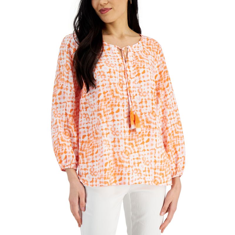 Jm Collection Womens Printed Peasant Top